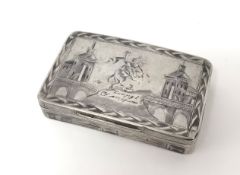 An antique Russian silver and niello snuff box, decorated with a horse back figure, river and