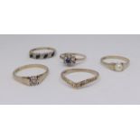 Five 9ct dress rings set with various stones, approx 7.9g