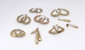 Eight pairs of 9ct earrings, approx 11.5g.