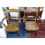 Two late 19th/early 20th century country open armchairs with bar back and turned legs.