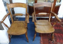 Two late 19th/early 20th century country open armchairs with bar back and turned legs.