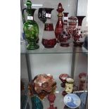 Collection of coloured glass vases including ruby etched, green and enamel, carnival, Royal