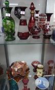 Collection of coloured glass vases including ruby etched, green and enamel, carnival, Royal