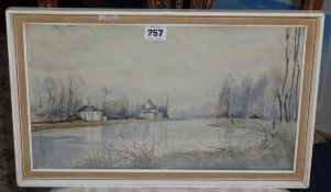 German, Sambach? watercolour of a lake scene, 22cm x 39cm together with a pair of caricature Frost
