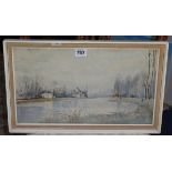 German, Sambach? watercolour of a lake scene, 22cm x 39cm together with a pair of caricature Frost