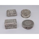 Indian silver circular box and three other silver boxes including Continental and English.