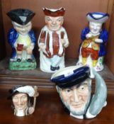 A 19th century Toby jug, a pottery punch Toby jug, three others including Royal Doulton Captain Ahab