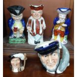 A 19th century Toby jug, a pottery punch Toby jug, three others including Royal Doulton Captain Ahab