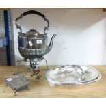 A silver plated spirit kettle, an entrée dish and small muffin warmer.