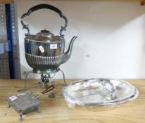 A silver plated spirit kettle, an entrée dish and small muffin warmer.