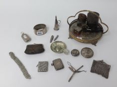 A collection of small silver items including vesta, compact, wide bangle, sovereign and stamp box,