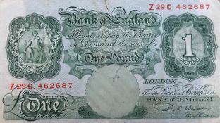 Error Banknote - P.S.Beale Bank of England, One Pound Green Note, with over print corner.