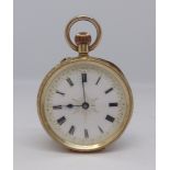 An antique 18k gold fob watch with enamelled and gilt dial set with Roman numerals.