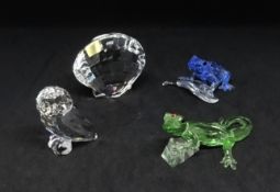 Swarovski Crystal, Dart Frog, Gecko, small Owl and Scallop (4), boxed.