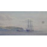 English watercolour, shipping of a headland, monogram AF?, 21cm x 34cm.