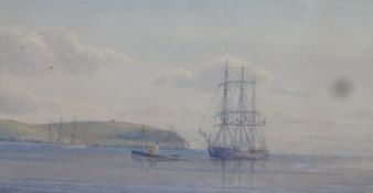 English watercolour, shipping of a headland, monogram AF?, 21cm x 34cm.