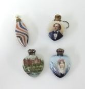 Four porcelain scent bottles comprising three heart shaped illustrated with a rundle castle, Art