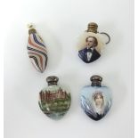 Four porcelain scent bottles comprising three heart shaped illustrated with a rundle castle, Art