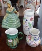 Poole Pottery, two vases, Art Deco crinoline lady figure and pottery jug (4).