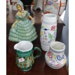 Poole Pottery, two vases, Art Deco crinoline lady figure and pottery jug (4).