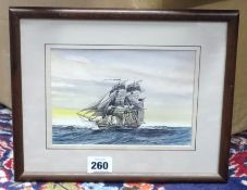 Tony Warren, watercolour 'Galleon Ship', 13cm x 17cm.