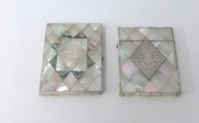 A Victorian mother of pearl concertina card case together with a mother of pearl and silver card