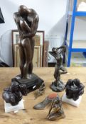 A romantic figure of a couple, height 53cm, five various other sculptures and a pewter novelty