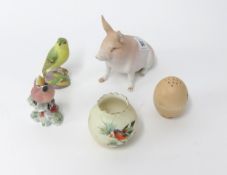 A Worcester porcelain posy pot, bisque porcelain pig, two Worcester bird models No.3200 and 3016 etc