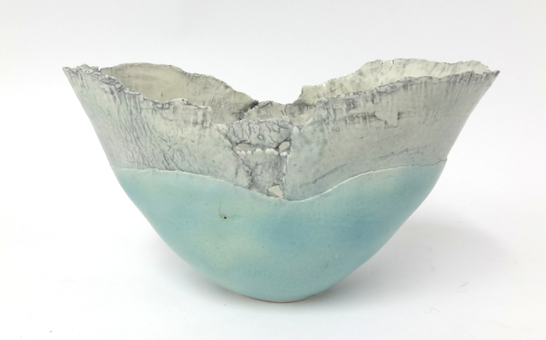 Mary White (1926-2013) studio pottery, oval textured bowl with turquoise grey and white glazes 1988,