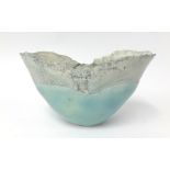 Mary White (1926-2013) studio pottery, oval textured bowl with turquoise grey and white glazes 1988,