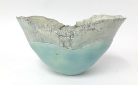 Mary White (1926-2013) studio pottery, oval textured bowl with turquoise grey and white glazes 1988,