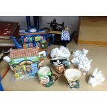 Three novelty teapots, three small Bolton character jugs and various Aynsley animal ornaments.