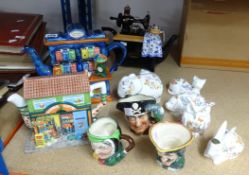 Three novelty teapots, three small Bolton character jugs and various Aynsley animal ornaments.