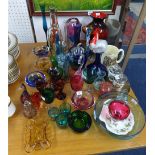 A collection of coloured glassware including Bohemian, Venetian and Scottish mini rainbow pattern,