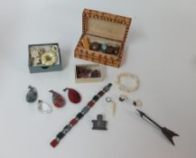 A collection of various brooches including Danish silver and enamel flower brooch and matching