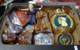 A collection of various memorabilia, railway, ships plaque, carved wood African busks, first day