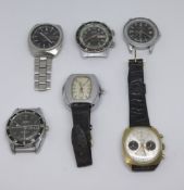 Six various watches including Seiko Sports, Sicura (2) Interpol cockpit watch.