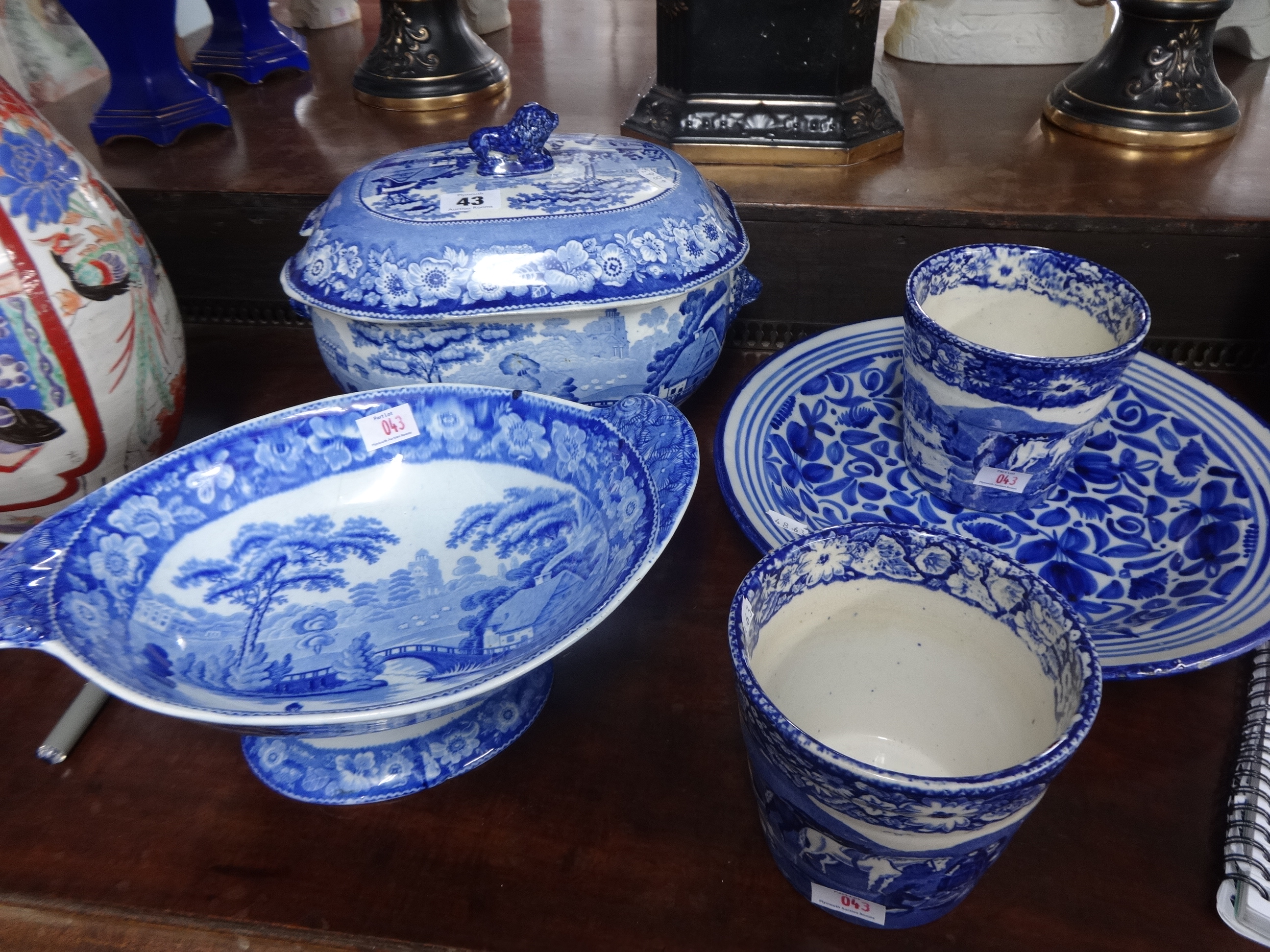 A 19th century blue and white tureen and cover, four other blue and white pieces including a stem - Image 2 of 2