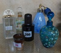 Treen, wood cased scent bottle, a blue glass and enamel scent bottle, Caithness atomiser, scent