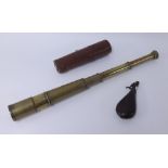 A three pull brass cased telescope with military mark (Tel.Sct.Regt.Mark II) with leather case,