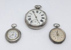Silver open face key wind pocket watch with sub second dial, Victorian silver case and enamelled fob