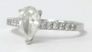 An 18ct white gold pear shaped diamond ring, the pear cut diamond 1.01ct, colour J, clarity SI2, the