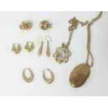 A collection of 9ct gold including locket, earrings etc, approx 41.4gms.