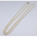 A string of cultured pearls with 9ct clasp, approx 90cm, each pearl approx 6mm diameter.