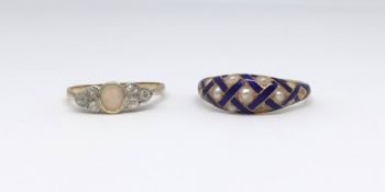 An antique enamel and opal set dress ring together with another diamond and opal ring (2) in