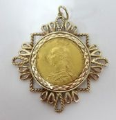 A Queen Victoria 1887 full sovereign, mounted, approx 13.60gms.