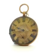 An antique 14ct open face pocket watch the back plate No.10838, marked 'Patent Lever', the dial with