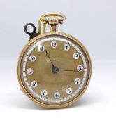 An 18k French open face key wind pocket watch, the gilt and enamel dial with arabic numerals, the