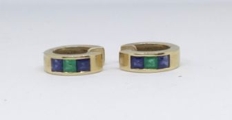 A pair of 18ct gold and sapphire and emerald set earrings, 6.6gms.