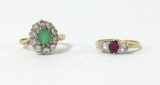 An 18ct ruby and diamond ring, size M together with an 18ct diamond and greenstone ring, size M.